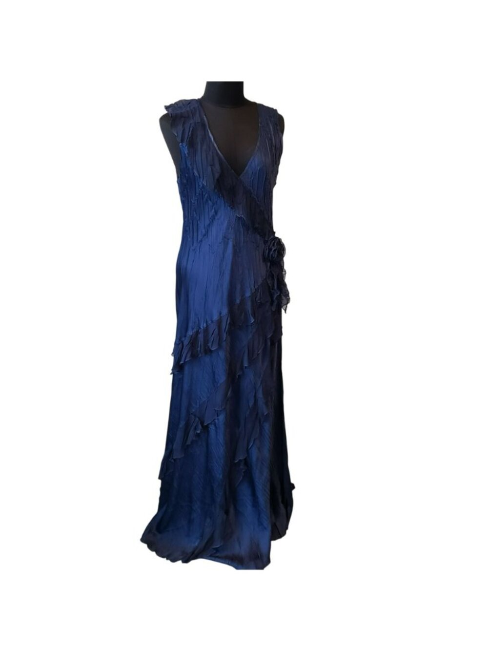 Komarov Blue Sleeveless Maxi Dress Rosette Asymmetrical Ruffles 90s Whimsigoth - Picture 14 of 16